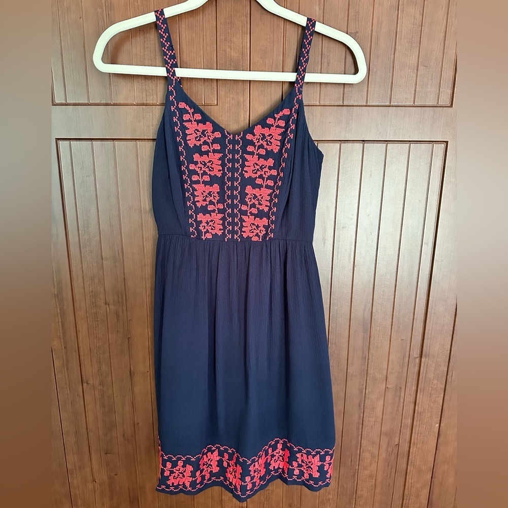 Women’s Navy Blue Spaghetti Strap Sundress with Red Embroidery